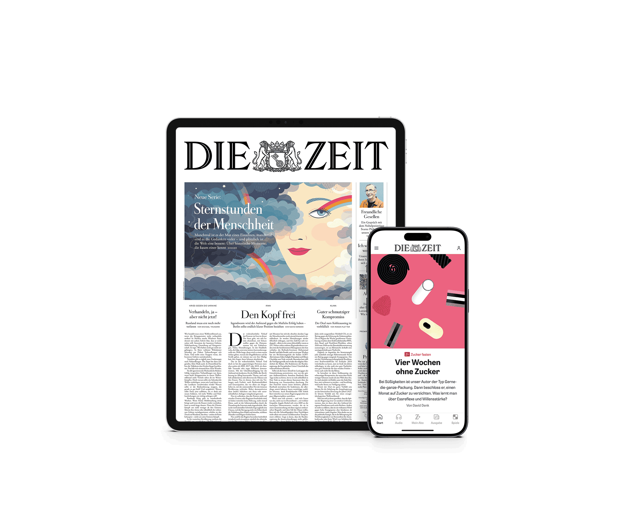 Titelcover von DIE ZEIT Digital auf Tablet und Smartphone und daneben sind Kopfhörer
