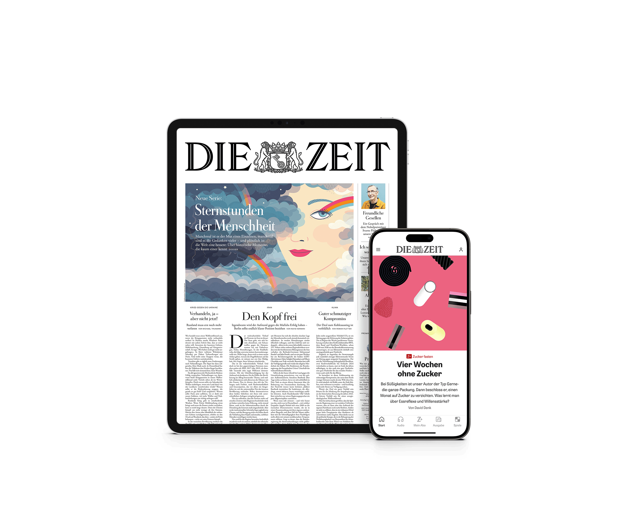 Titelcover von DIE ZEIT Digital auf Tablet und Smartphone und daneben sind Kopfhörer