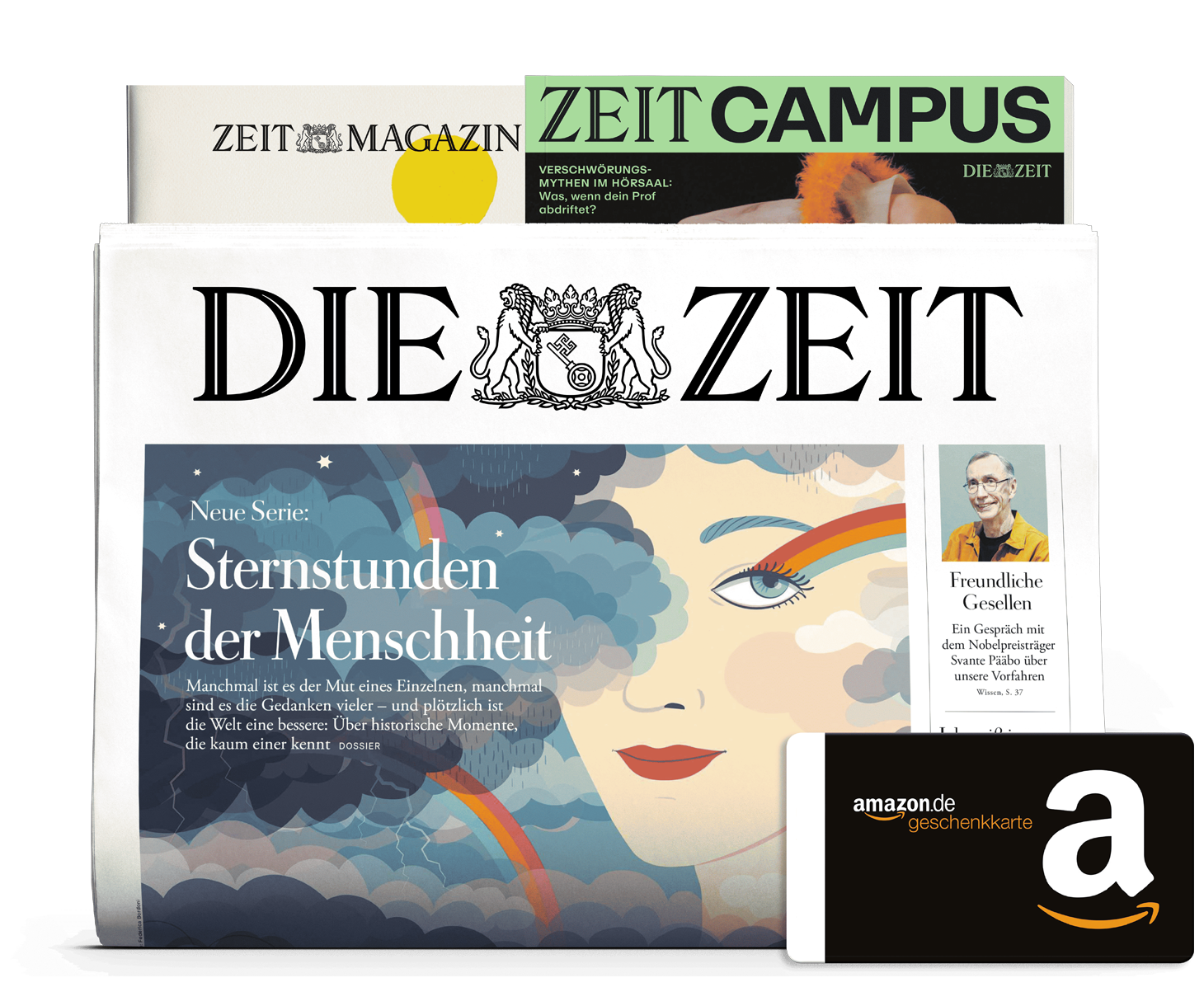 Titelcover von Die ZEIT Print und Zeit Magazin und Zeit Campus und dazu eine Amazon Geschenkkarte