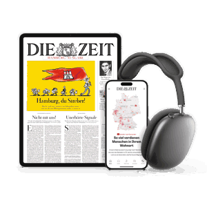 Titelcover von DIE ZEIT Hamburg Digital auf Tablet und Smartphone und daneben sind Kopfhörer