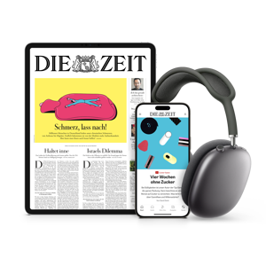 Titelcover von DIE ZEIT Digital auf Tablet und Smartphone und daneben sind Kopfhörer