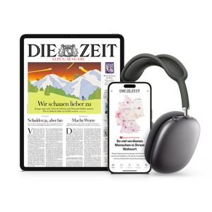 Titelcover von DIE ZEIT Digital auf Tablet und Smartphone und daneben sind Kopfhörer