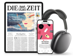 Titelcover von DIE ZEIT auf Tablet und Smartphone und daneben sind Kopfhörer
