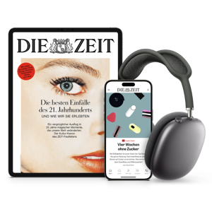 Titelcover von DIE ZEIT Digital auf Tablet und Smartphone und daneben sind Kopfhörer
