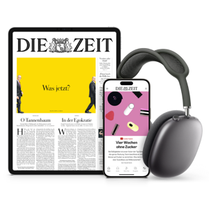Titelcover von DIE ZEIT Digital auf Tablet und Smartphone und daneben sind Kopfhörer
