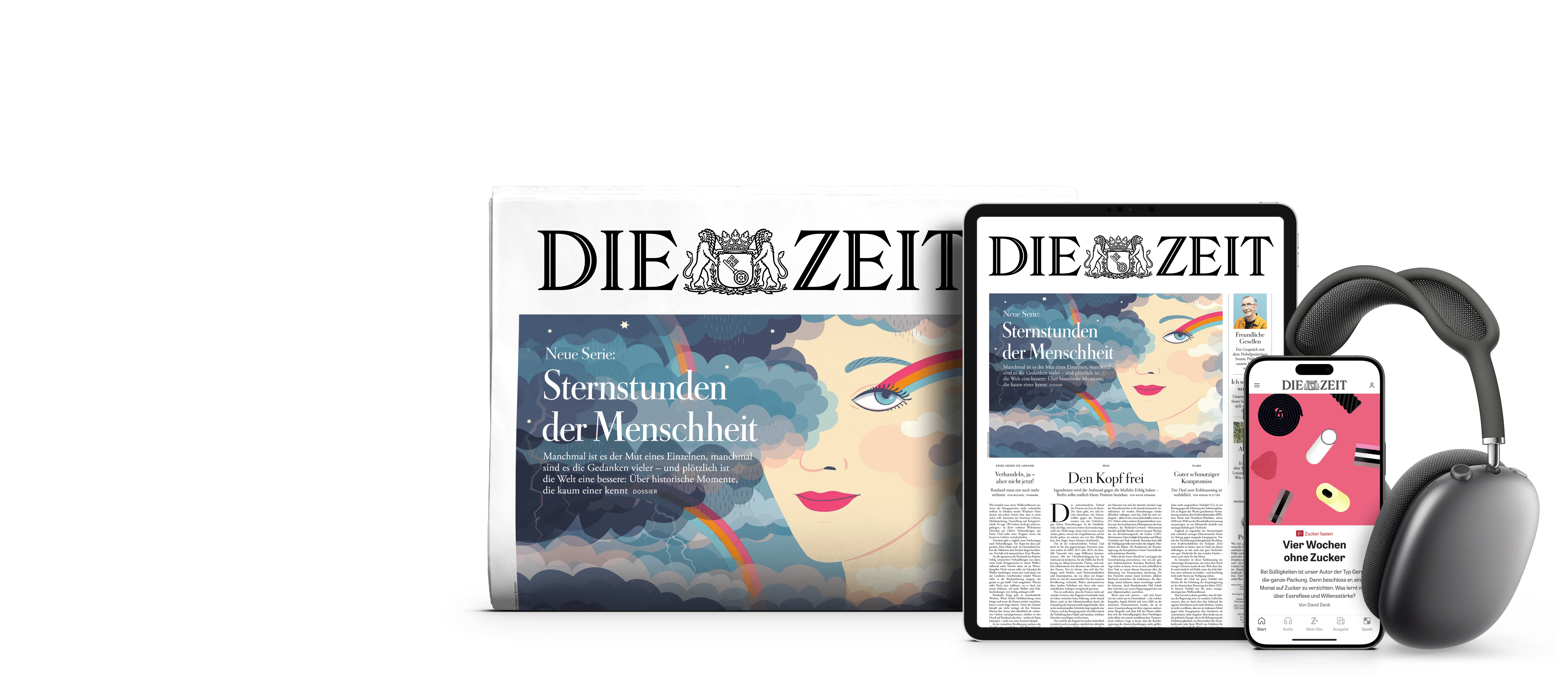 Titelcover von DIE ZEIT Print sowie DIE ZEIT Digital auf Tablet und Smartphone und daneben sind Kopfhörer