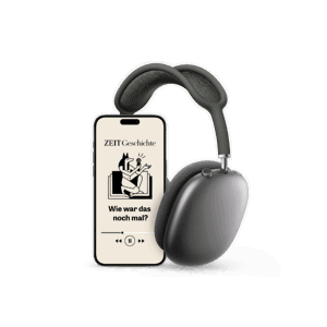 ZEIT Geschichte Podcast "Wie war das nochmal?" auf Smartphone mit Kopfhörern