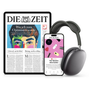 Titelcover von DIE ZEIT Digital auf Tablet und Smartphone und daneben sind Kopfhörer