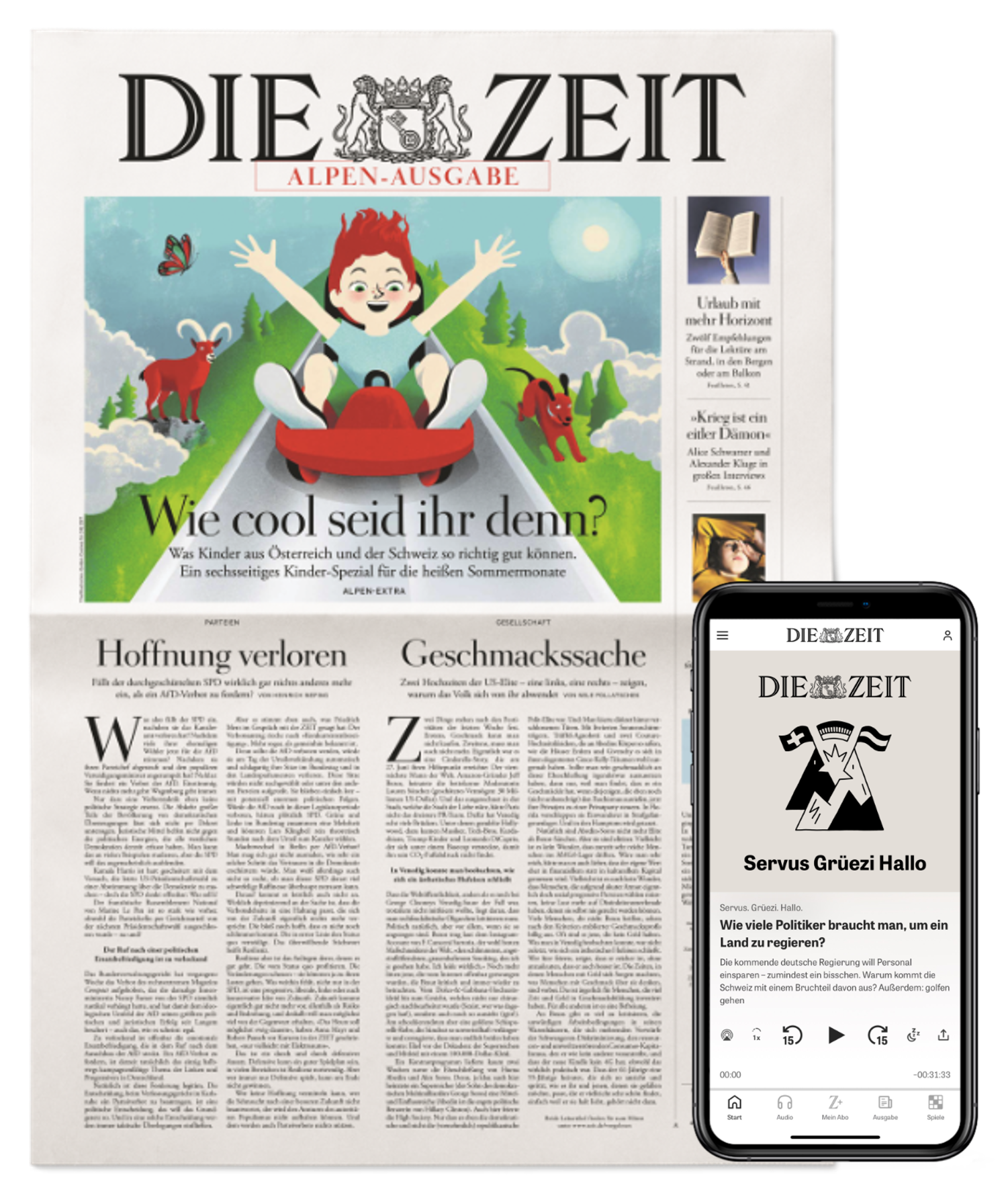 Cover von DIE ZEIT Alpen Ausgabe mit Smartphone auf dem Podcast gezeigt wird
