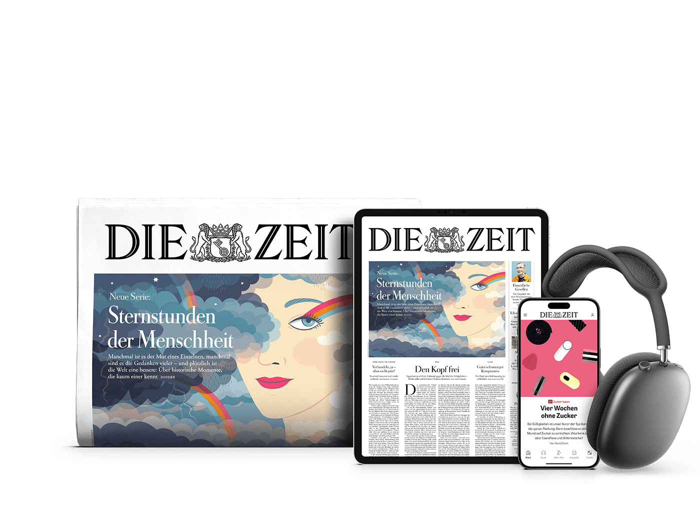 Titelcover von DIE ZEIT Print sowie DIE ZEIT Digital auf Tablet und Smartphone und daneben sind Kopfhörer