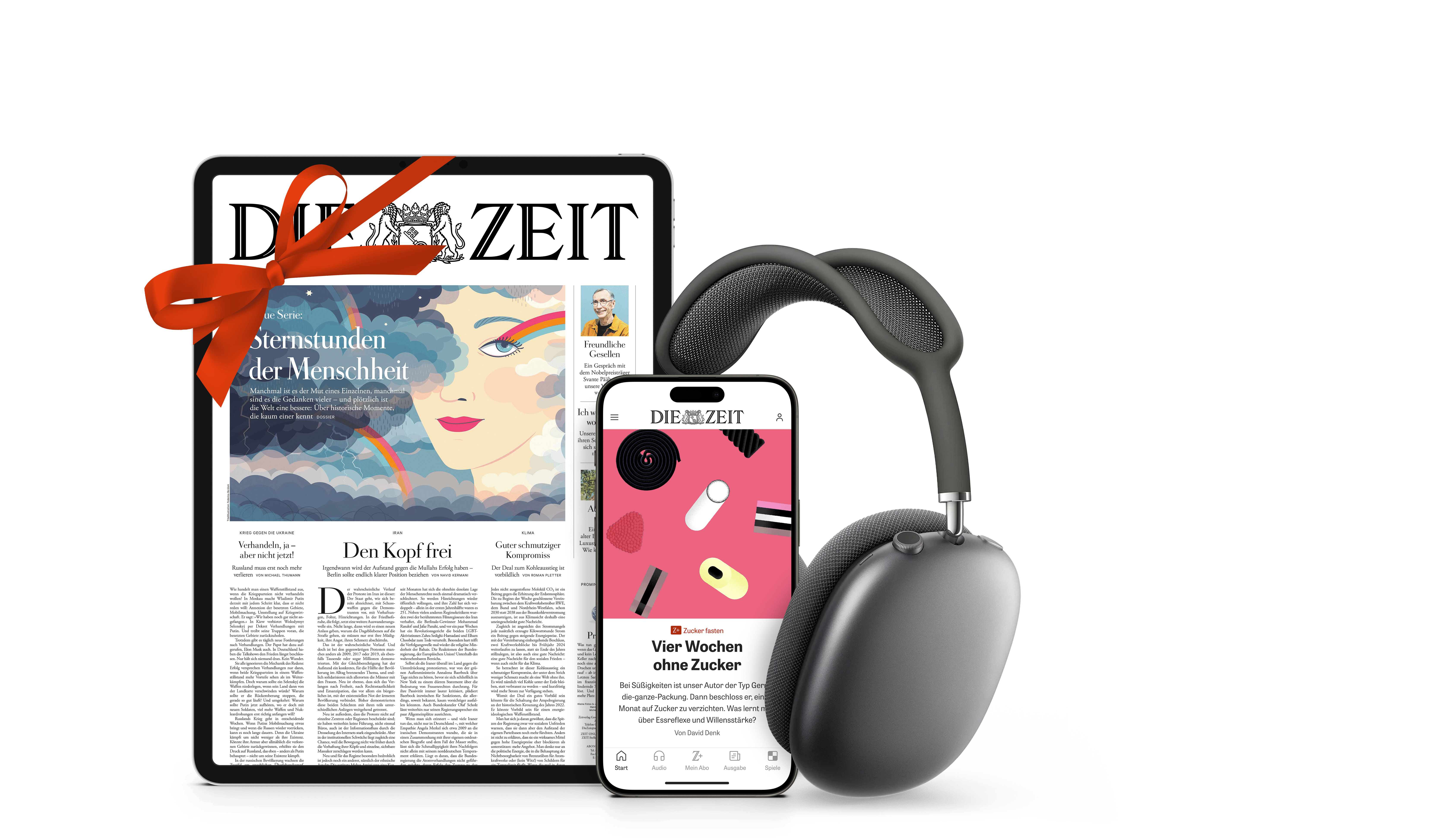 Titelcover von DIE ZEIT Digital auf Tablet mit Schleife und Geschenkband und DIE ZEIT auf Smartphone und daneben sind Kopfhörer