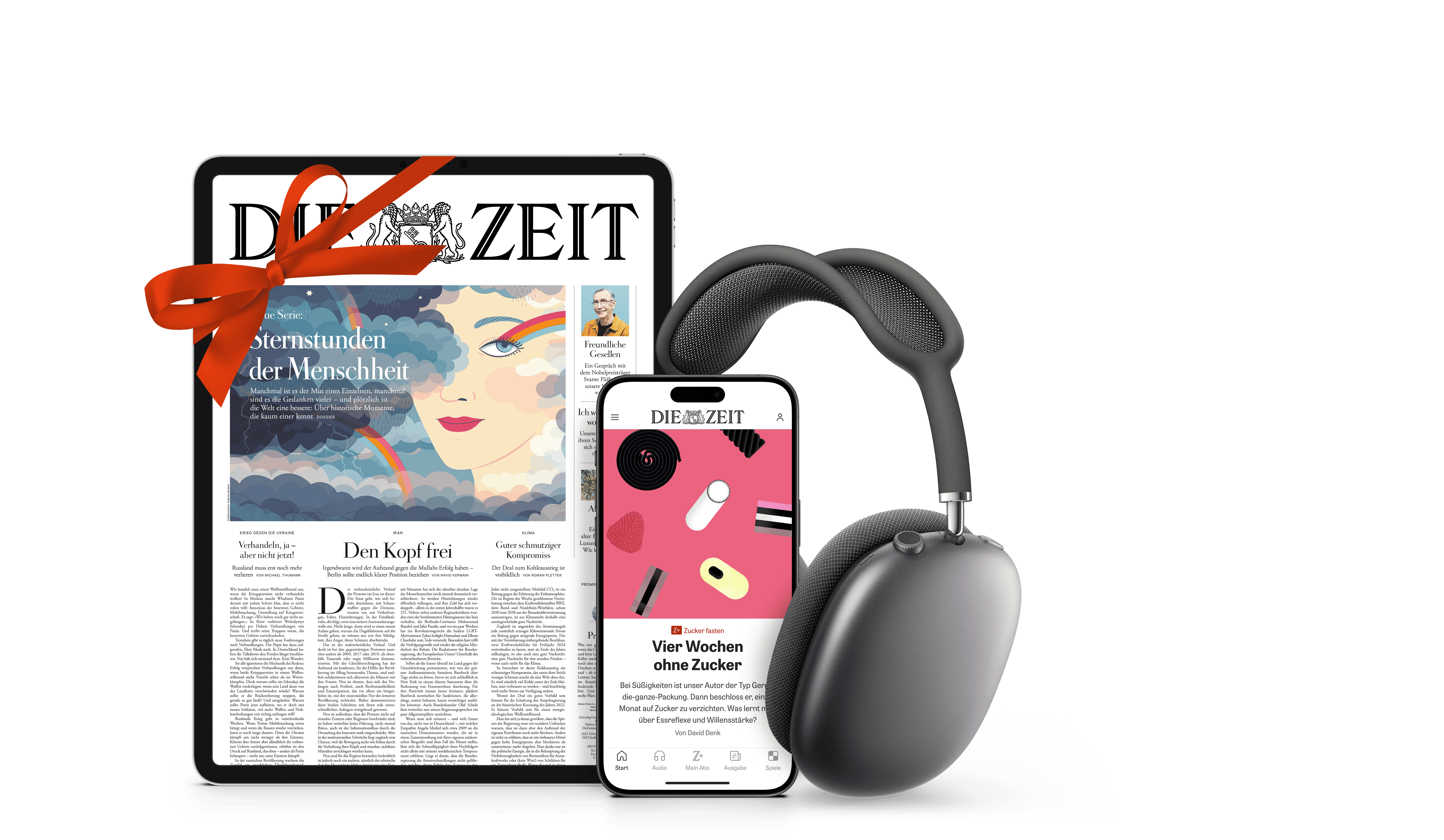 Titelcover von DIE ZEIT Digital auf Tablet mit Schleife und Geschenkband und DIE ZEIT auf Smartphone und daneben sind Kopfhörer