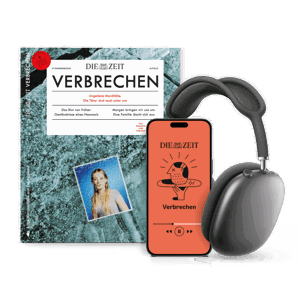 ZEIT VERBRECHEN Ausgabe "Ungeklärte Mordfälle" plus Handy mit ZEIT VERBRECHEN Podcast-Screen und Kopfhörern