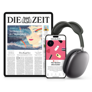 Titelcover von DIE ZEIT Digital auf Tablet und Smartphone und daneben sind Kopfhörer