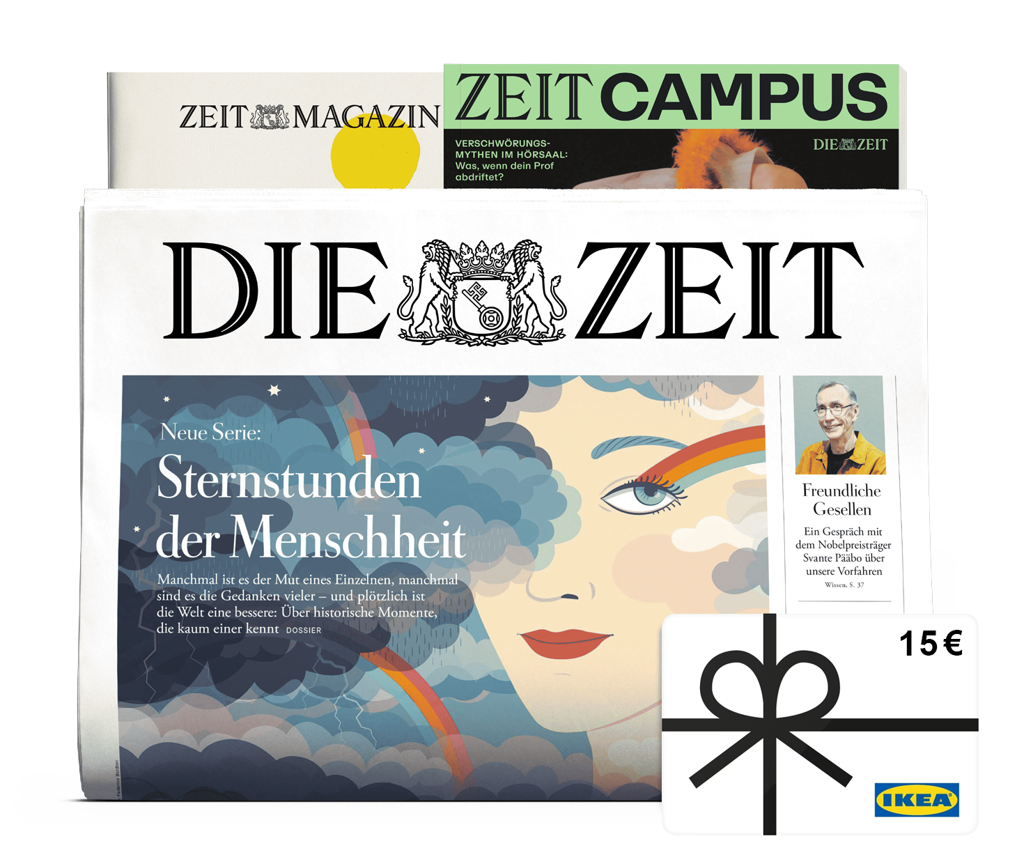Titelcover von Die ZEIT Print und Zeit Magazin und Zeit Campus und dazu eine IKEA Geschenkkarte