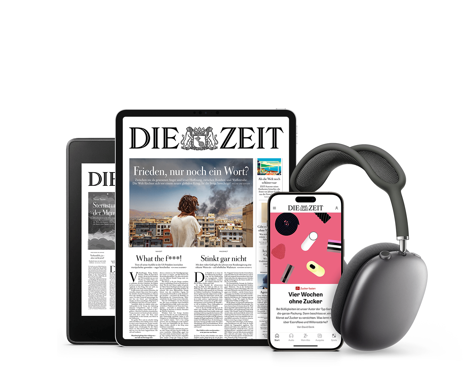 Titelcover von DIE ZEIT Digital auf E Reader Tablet und Smartphone und daneben sind Kopfhörer