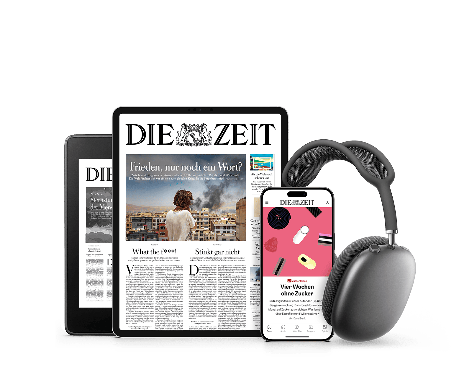 Titelcover von DIE ZEIT Digital auf E Reader Tablet und Smartphone und daneben sind Kopfhörer