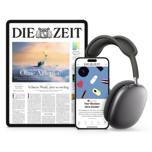 Titelcover von DIE ZEIT Digital auf Tablet und Smartphone und daneben sind Kopfhörer